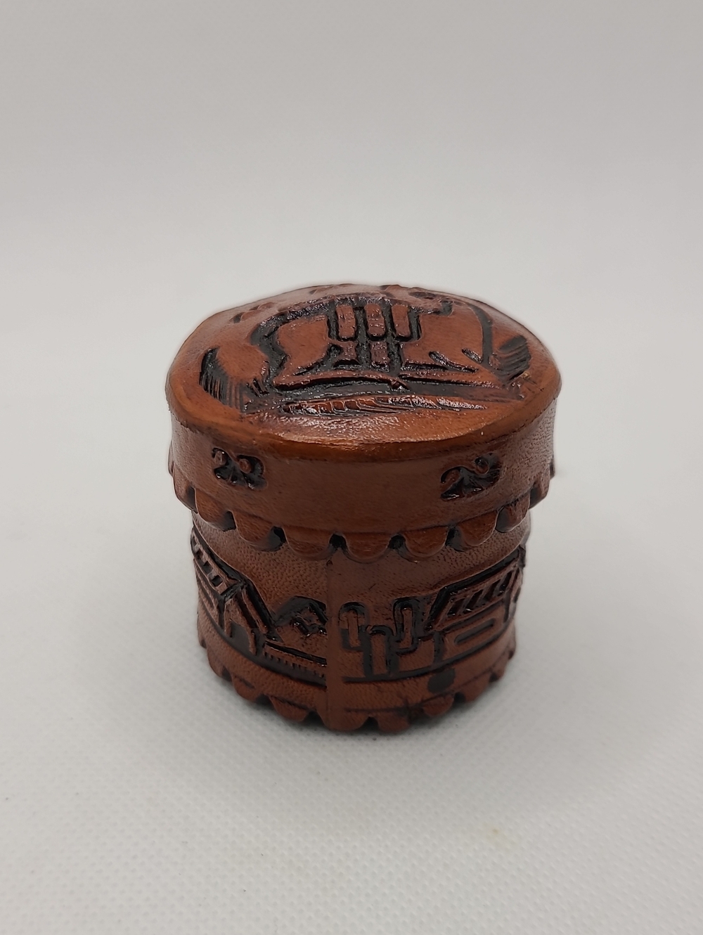 Embossed Leather Llama Trinket Box Round Lidded Jewelry Box 1.75" Tall
